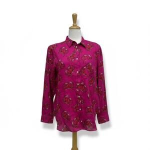 J. Crew Shirt Sz 12 100% Linen Pink Button Down Ling Sleeve Crab Print Coastal